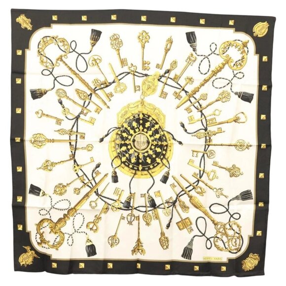 HERMES Carre 90 Scarf ""LES CLES THE KEYS RARE"" Silk White Auth - Picture 1 of 16
